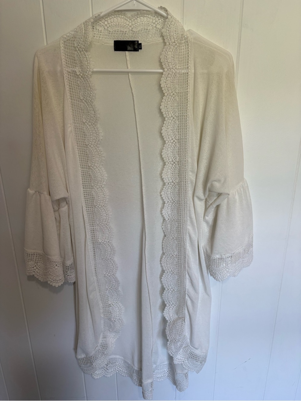 XL Boho Crochet Lace Trim Kimono Cardigan White Bell Sleeve, Open Front Duster